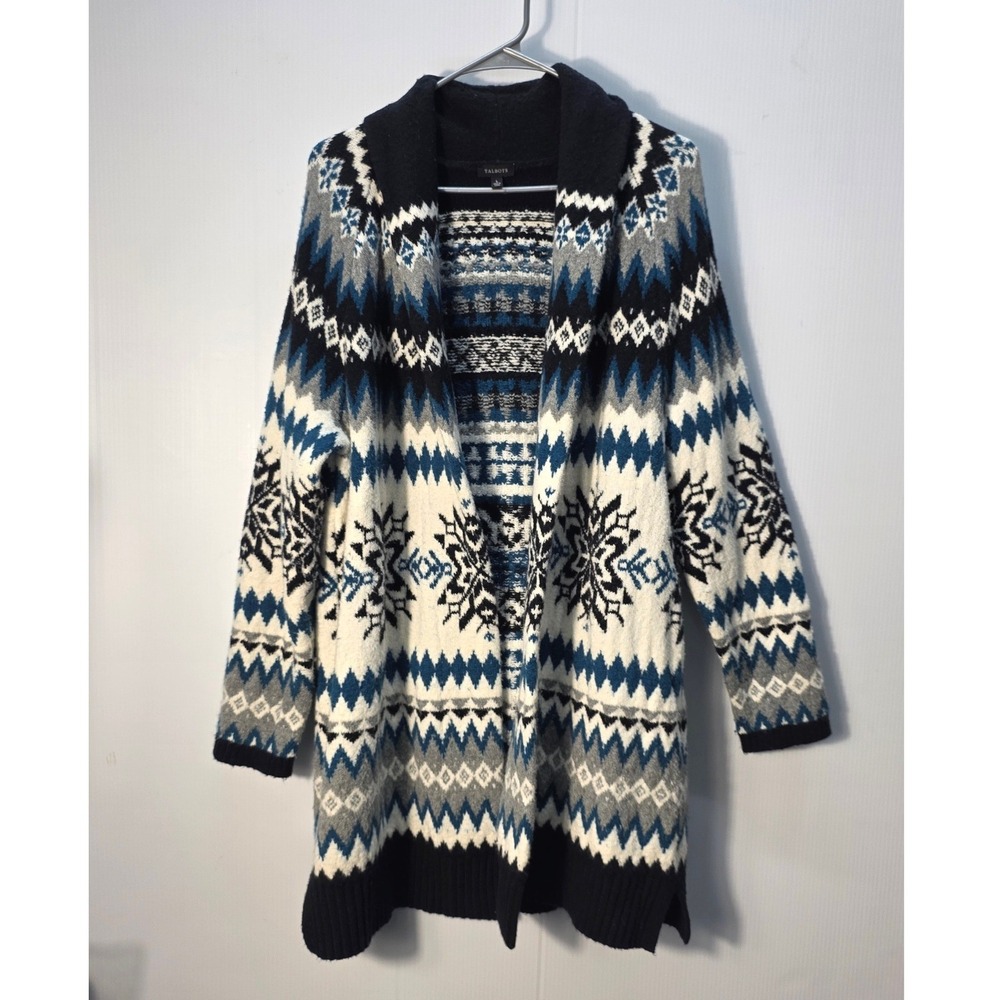 Talbots Womens Large Blue Fair Isle Snowflake Open Front Shawl Cardigan Sweater